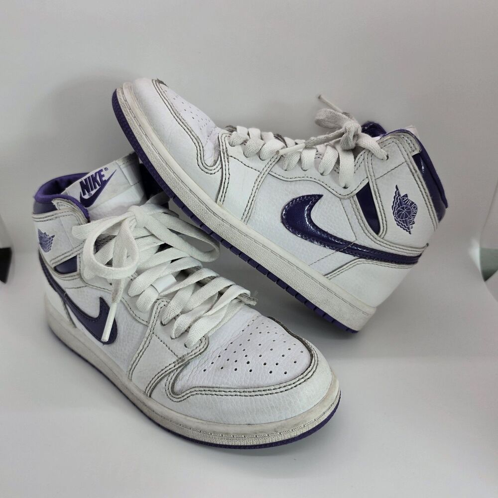 VTG Air Jordan 1 High OG (PS) White/Purple Leather High Top Sneaker 2Y